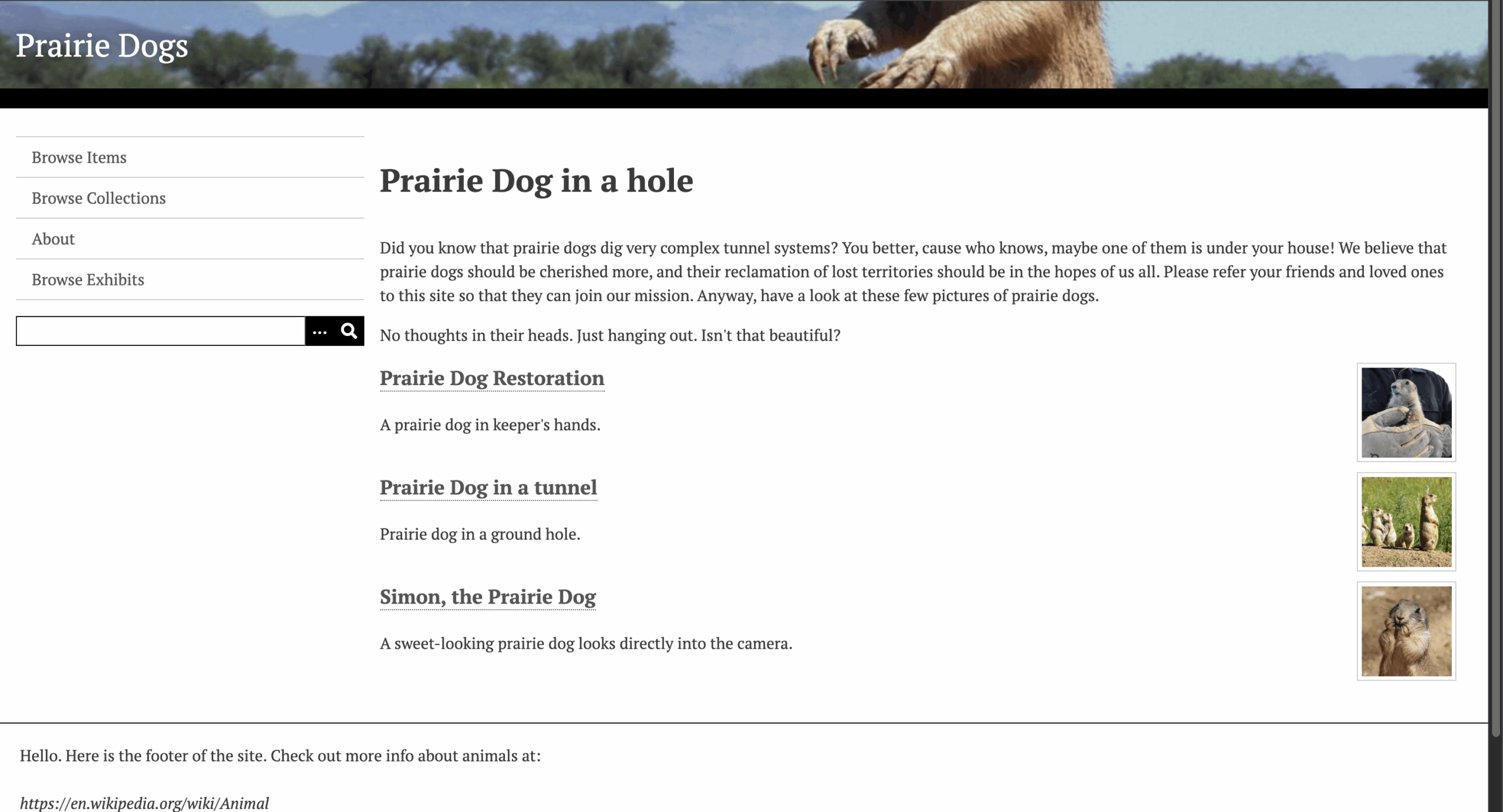 A screenshots of page on Omeka dedicated to Prairie Dogs