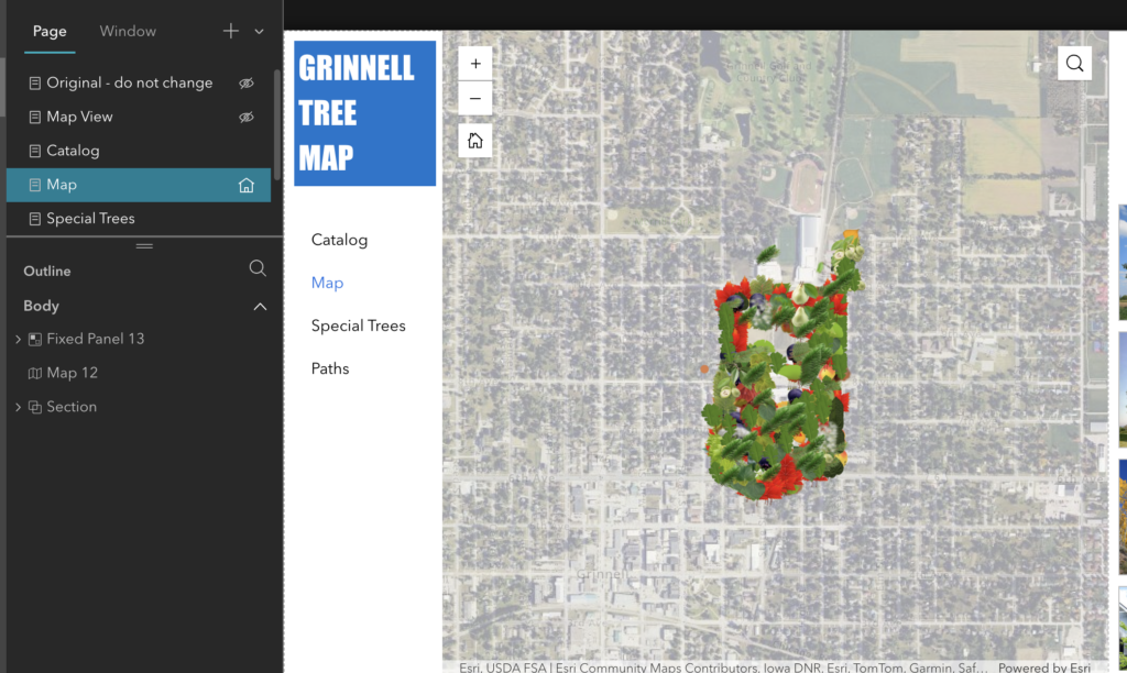 A view of the developer mode in ArcGIS Experience, displaying the list of pages alongside the view of the map view