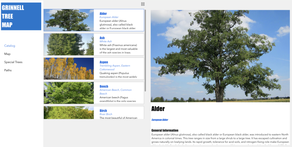 A catalog page showing side-by-side a list of tree genuses and right-sided panel with specific information on the genus selected from the list
